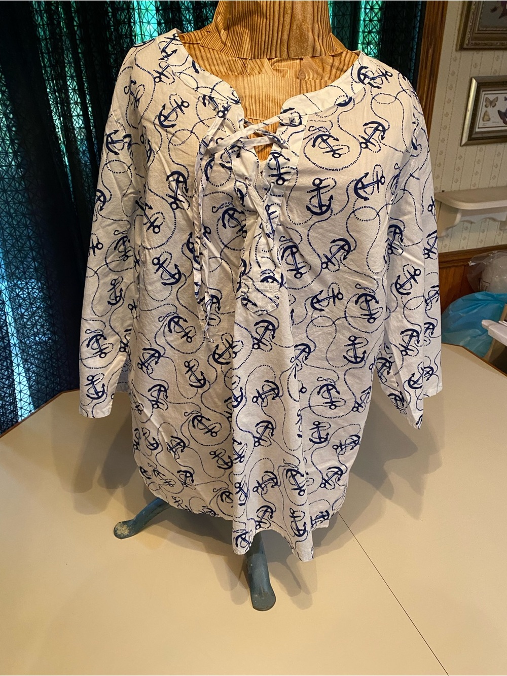 Talbots White Blouse with Navy Anchor Print and Lace-Up V-Neck